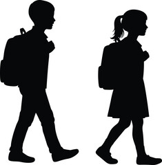Silhouettes of two schoolchildren walking with backpacks, representing education, daily routine, childhood lifestyle, learning journey, and student life