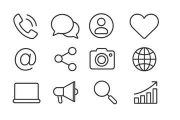Social media and SEO web icons in thin line style. Vector illustration set for contact, digital marketing, social networks, and website UI design. Includes growth and analytics.