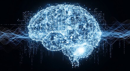 Abstract digital representation of a glowing blue brain with interconnected nodes and light streams, symbolizing intelligence and neural networks.