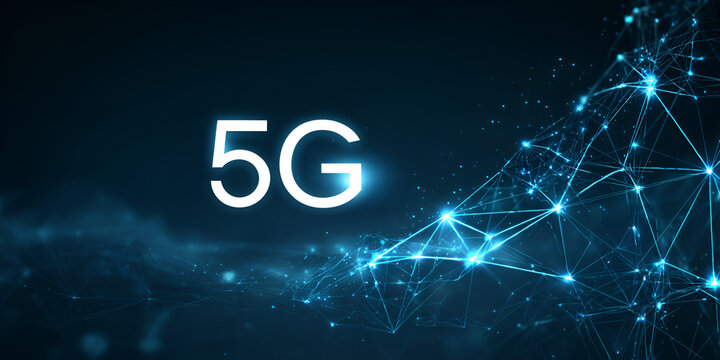 Abstract 5G communication network with glowing blue mesh and dark tech background