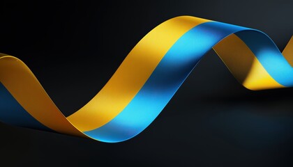 Yellow And Blue Ribbon Flag Representing Ukraine In Mourning With Logo Symbol For Ukraine Wave Ribbon. Highlighting Ukraine And Russia Military Conflict.