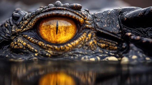 Close up of crocodile eye in water with yellow iris and detailed texture