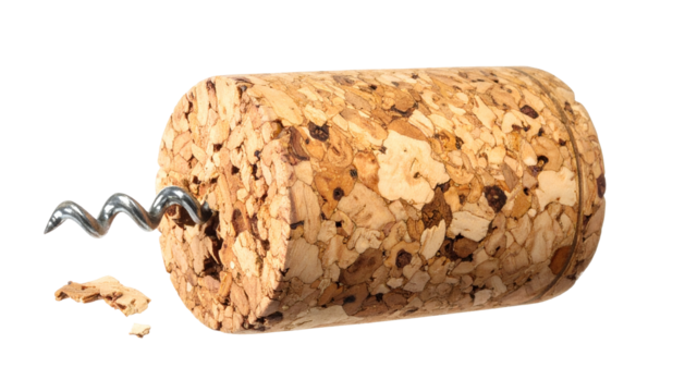 Corkscrew extracting a cork, fragments visible, wine accessory