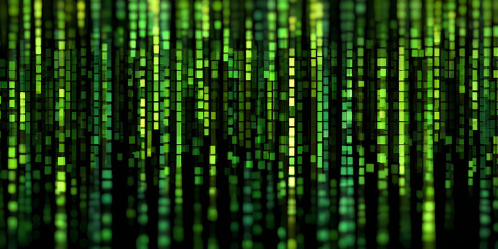 Vertical green matrix code streams on dark digital screen background
 - Powered by Adobe