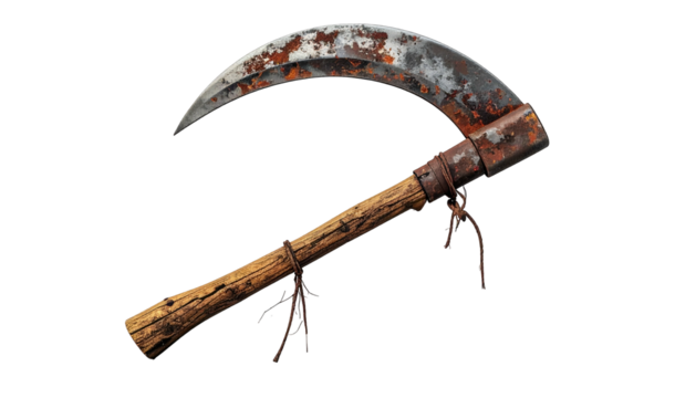 Rusty, weathered scythe with wooden handle, isolated against black background