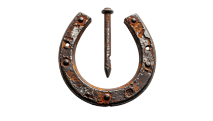 Rusty horseshoe with a nail, against black background