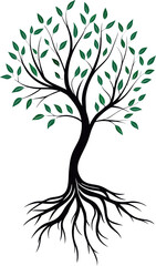 A simple black vector silhouette of a tree with visible roots, symbolizing nature and growth through its branch and leaf design