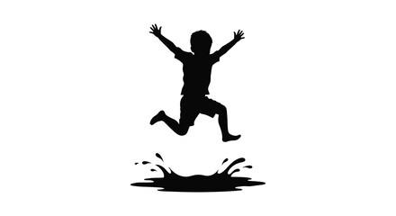 Joyful child leaping in the air above a water splash silhouette