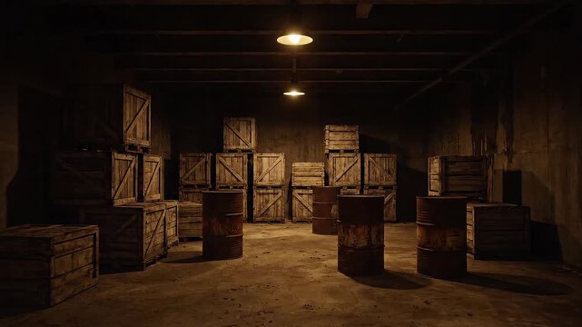 A bunnker storage room filled with wooden crates and barrels.
