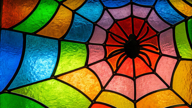 Halloween background: a vibrant, multi-colored stained glass window featuring a intricate spider web design. The colors transition smoothly from one to another, creating a rainbow effect. - Powered by Adobe