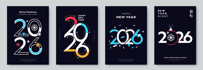 Set of modern vector posters for New Year 2026 with creative typography, geometric shapes, snowflakes, and festive design elements, ideal for holiday invitation, party flyer, and greeting card.
