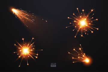 Vector set of glowing sparkler effects with bright golden light, firework bursts, and sparkling trails on dark background, perfect for New Year, Christmas, celebration, and festive design projects.