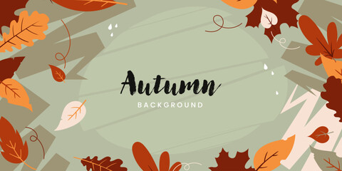 Flat vector autumn background with colorful falling leaves in orange, brown, and red tones on a soft green backdrop. Seasonal decorative illustration for banners, cards, poster and invitations.