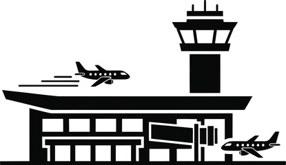 Modern airport terminal with airplanes and control tower