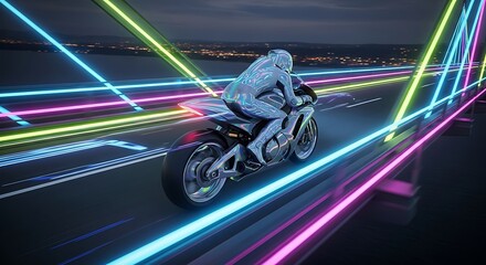 Futuristic rider speeds through neon light trails on a digital highway at dusk