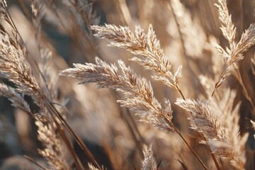 Close-up of sunlit wheatgrass swaying gently in a warm, golden hour setting