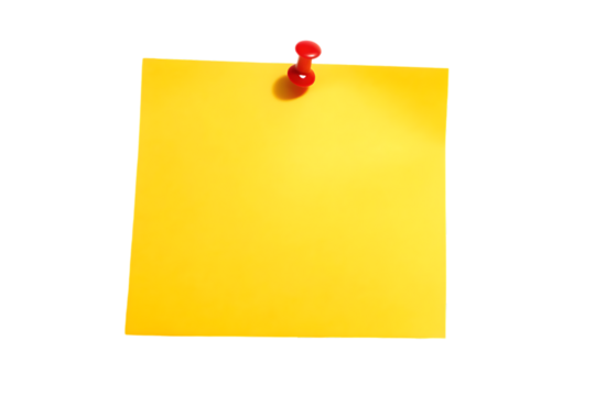 Bright yellow sticky note pinned to a dark black background with a red pushpin