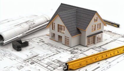 A miniature house model sits on architectural blueprints, accompanied by a ruler and pencil, suggesting home design or construction planning.
