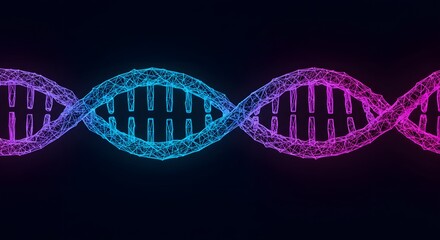 Digital illustration of a double helix DNA strand with blue and purple colors.