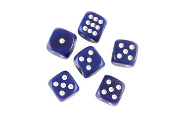Collection of six translucent purple dice scattered in a circular pattern against a stark black background