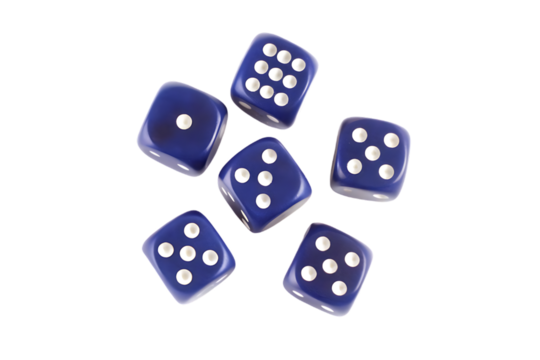 Collection of six translucent purple dice scattered in a circular pattern against a stark black background