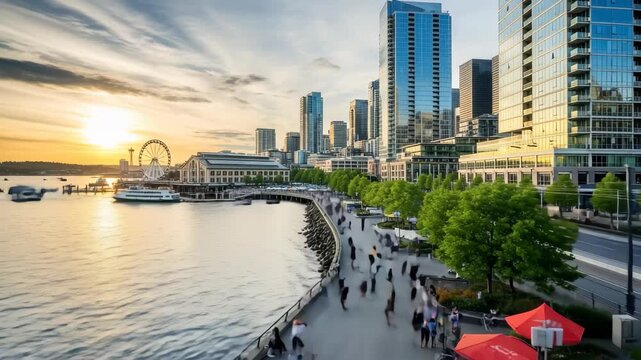 Seattle waterfront sunset urban scene people walking biking Ferris wheel, 4k video footage