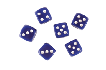 Six translucent purple dice with white pips arranged in a circular pattern against a black background