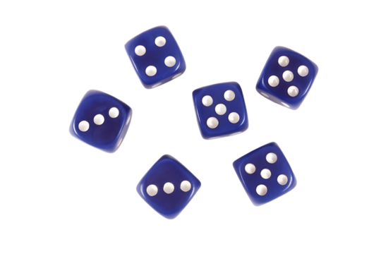 Six translucent purple dice with white pips arranged in a circular pattern against a black background