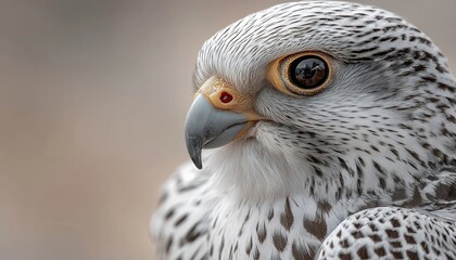 Obraz premium Stunning Close-Up Image Of A Gyrfalcon Perched On A White Background, Showcasing Its Beauty And Graceful Presence In Nature.