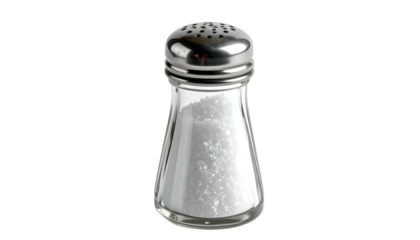 Glass salt shaker with white crystals, metal lid. Isolated on black