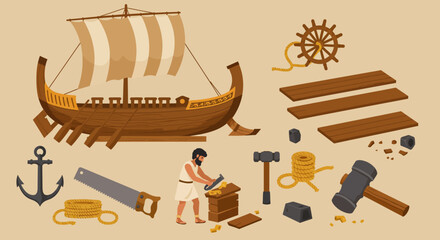 Illustration of an ancient shipbuilder with boat materials tools and a finished galley © Faisal