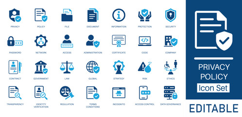 Privacy policy icon set. featuring data protection, security, compliance, user rights, GDPR, cyber law, encryption, and authentication. Flat vector design for legal compliance and website policies.