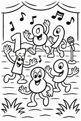 Cute number characters one, eight, and nine dancing on a stage with musical notes, an educational coloring page.