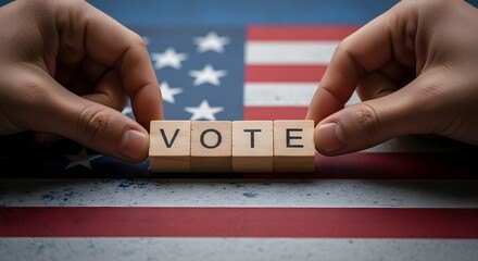 Hands placing wooden blocks spelling vote in front of the american flag