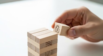 Problem Solving Improvement, A hand is placing a block with a lock symbol on a wooden tower, strategy and careful planning in a game.