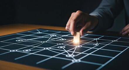 Decision and Management, A hand manipulating a glowing piece on a grid, strategy and decision-making in a digital or technological context.