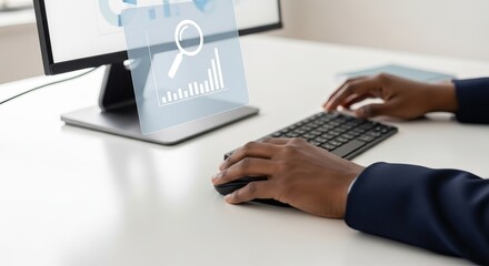 A person using a computer with digital analytics displays, focusing on data analysis and productivity in a modern workspace.