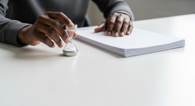Personal Finance, A hand holds an hourglass beside a stack of papers, the passage of time and the importance of deadlines tasks.
