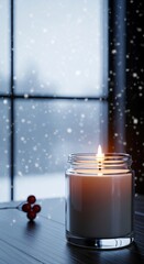 Economic recession, simplicity value, A glowing candle sits on a wooden table, with snow gently falling outside a window, creating a cozy winter ambiance.