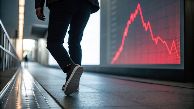 Economic recession, A person walking past a digital display showing a declining financial graph, symbolizing market trends and economic fluctuations.