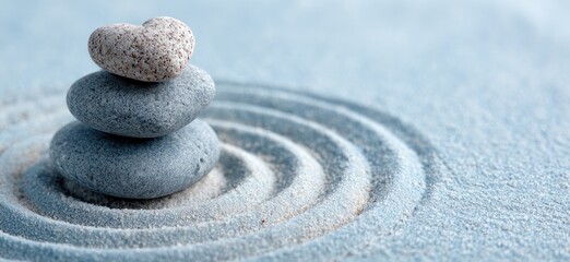 Stacked stones, heart-shaped top, sand art, zen garden scene. Concept of balance and peace
