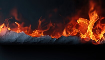 Realistic Fire Template: Burning Paper On A Dark Background. An Evocative Design Element For Graphic Designs Or Artistic Projects.
