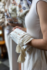 Godmother's Hands Holding Embroidered Linen Kryzhma  Baptismal Cloth. Ukrainian Christening...