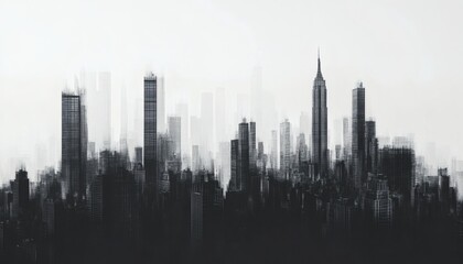 Fototapeta premium The illustration depicts a stylized cityscape featuring numerous buildings of varying heights, rendered in shades of gray, creating an abstract urban landscape.
