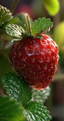 Ripe red strawberry on vine with green leaves, close up