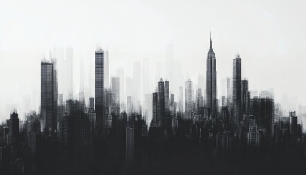 The illustration depicts a stylized cityscape featuring numerous buildings of varying heights, rendered in shades of gray, creating an abstract urban landscape.