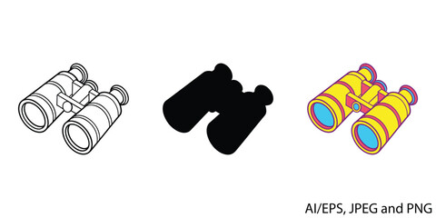 Binoculars icon collection three styles line art silhouette color for general use vector