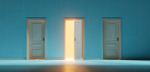 Three doors, one open to bright light, choice. Conceptual design
