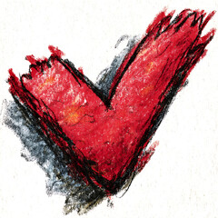 vibrant expressive check mark or v shape created with distressed red and black wax crayon lines showing texture