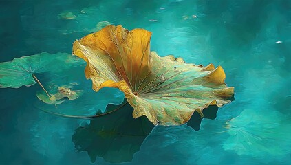 Golden lotus leaf on teal water